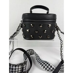 BETSEY JOHNSON Black Leather Crossbody Bucket Bag Heart Studded NWT 2 Straps!